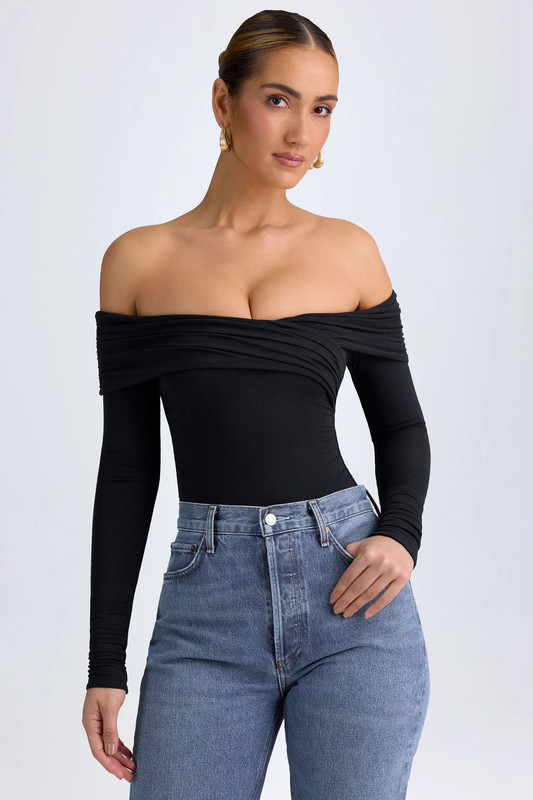 Modal Off-Shoulder Ruched Bodysuit in Black - Size:L
